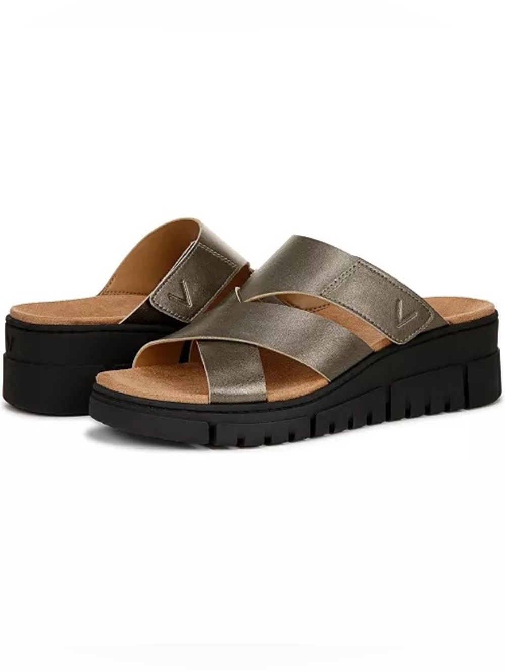 Vionic Uptown Sunset Sandals Women 8 Gunmetal Leather Wedge Comfort Slides